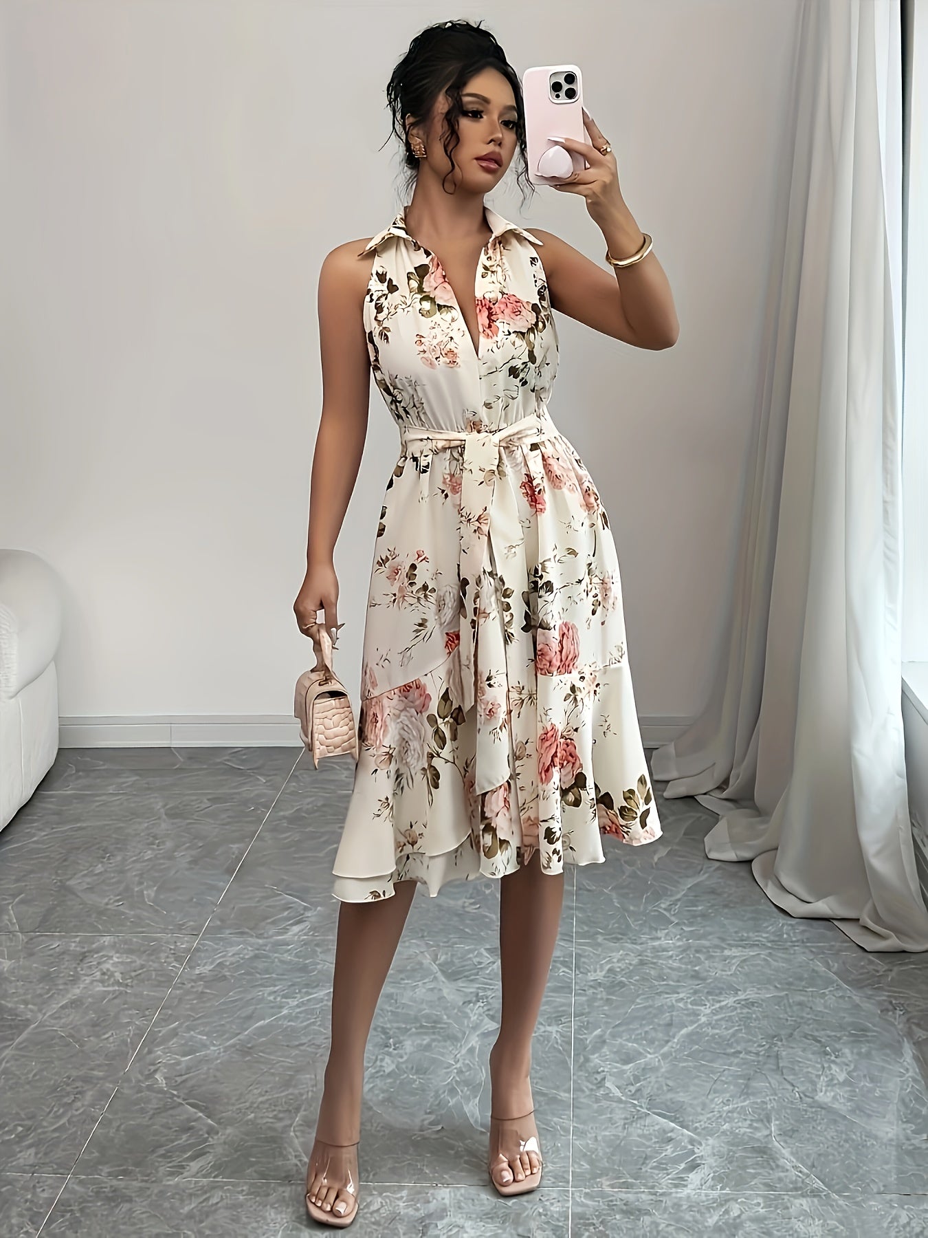 Elegant Floral Print V-Neck Dress for Women - Sleeveless, Tie-Waist, Lightweight Summer Dress with Lace-Up Detail, Perfect for Casual or Formal Occasions, Cute Dress
