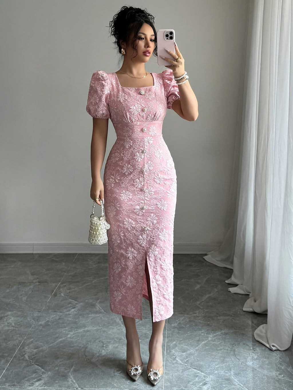 Women's Elegant Floral party dress - Formal & Everyday Women's gown with Square neckline, Machine Washable - Wedding, Office, Date Night Outfit in Soft Pink Floral Pattern, Floral Print Dress, Event Wear, Stretchy Fabric, Zipper Closure, Comfortable