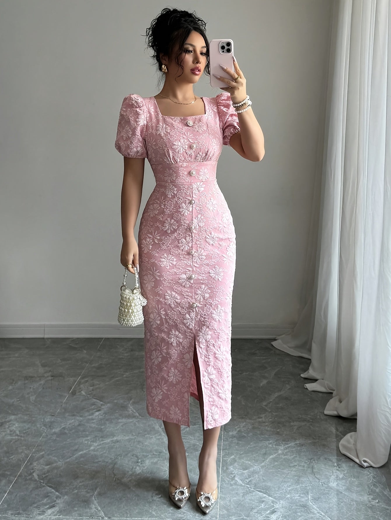 Women's Elegant Floral party dress - Formal & Everyday Women's gown with Square neckline, Machine Washable - Wedding, Office, Date Night Outfit in Soft Pink Floral Pattern, Floral Print Dress, Event Wear, Stretchy Fabric, Zipper Closure, Comfortable