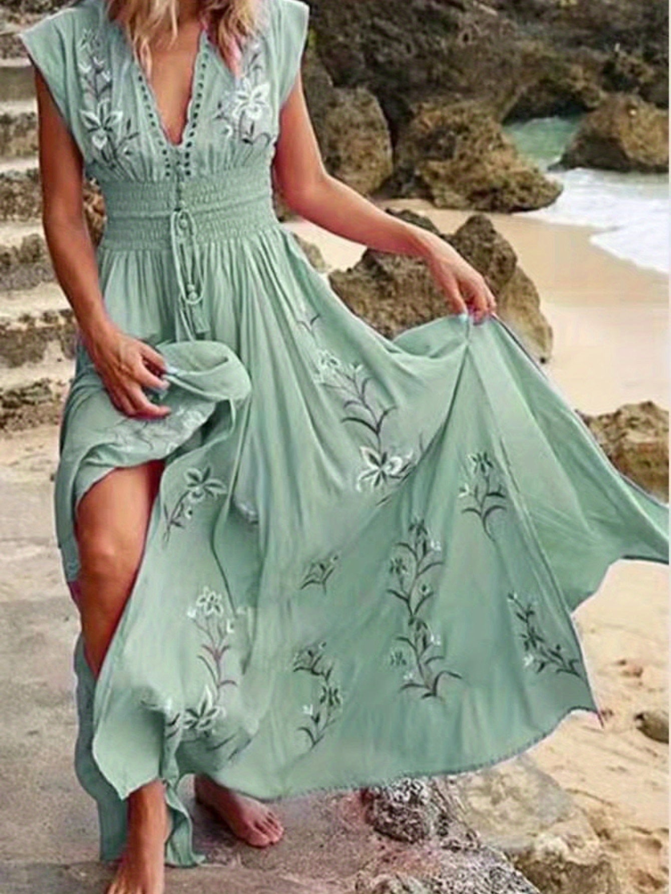 Women's Soft Pink Floral-like Bohemian Dress - Elegant V-Neck Beach Party Outfit, Machine Washable Flowy Casual to Formal Dress for Brunch, Everyday & Special Events