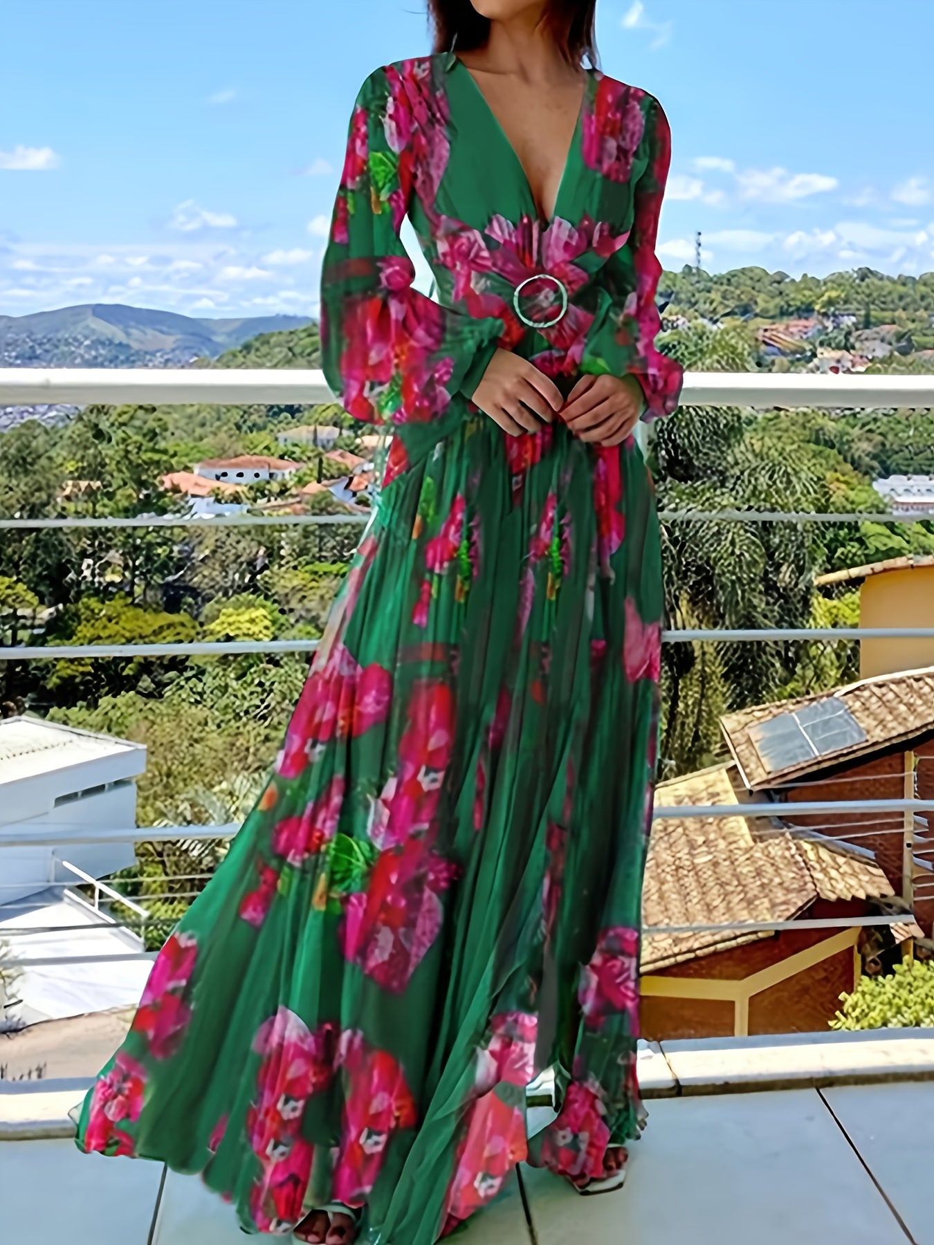 Women'S Elegant Floral maxi dress - Long Sleeve Formal & casual event gown, Flowy A-Line skirt, for Wedding, Party, Everyday Outfits - Spring/Fall/Summer Dresses, Floral Print Dress, Wedding Guest Attire, Sophisticated Pleats, Comfortable Fit, Party Gown,