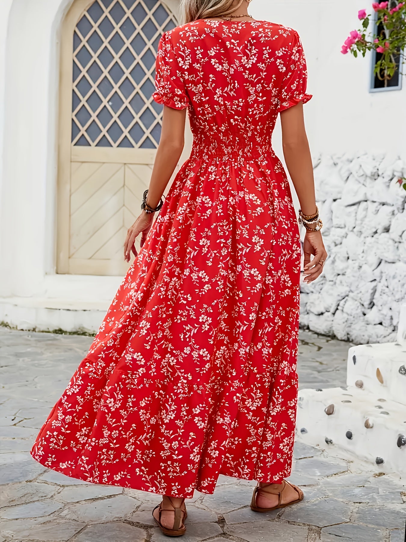 Women's Floral print long dress - Non-Stretchy A-Line party & Formal Outfit with Cinched Waist, Flared Hem - Machine Washable Red Floral Dress for Women (Spring/Fall/Summer) - Elegant Evening Gown for Weddings, Brunch, Office - Ready-to-Wear Collection,