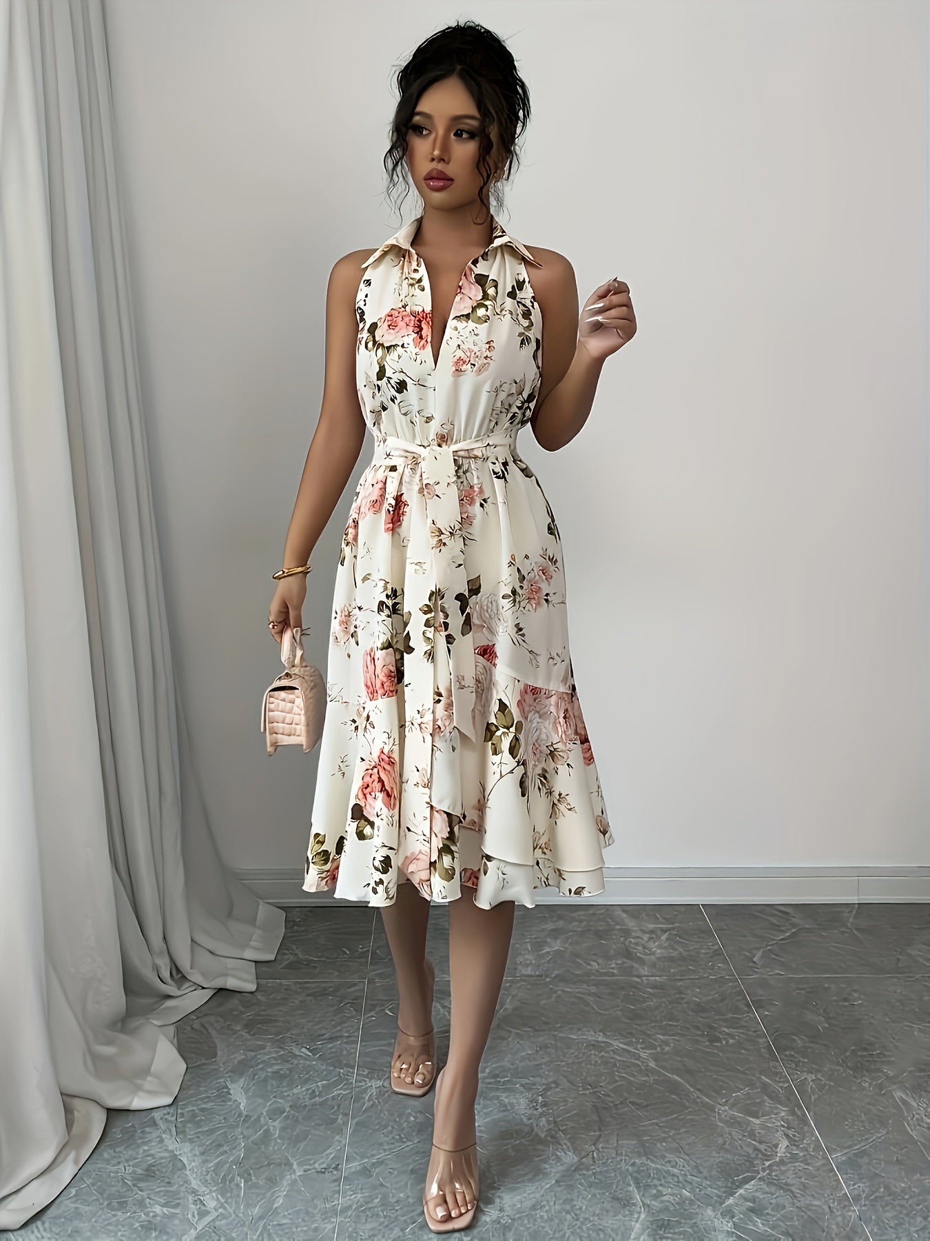 Elegant Floral Print V-Neck Dress for Women - Sleeveless, Tie-Waist, Lightweight Summer Dress with Lace-Up Detail, Perfect for Casual or Formal Occasions, Cute Dress