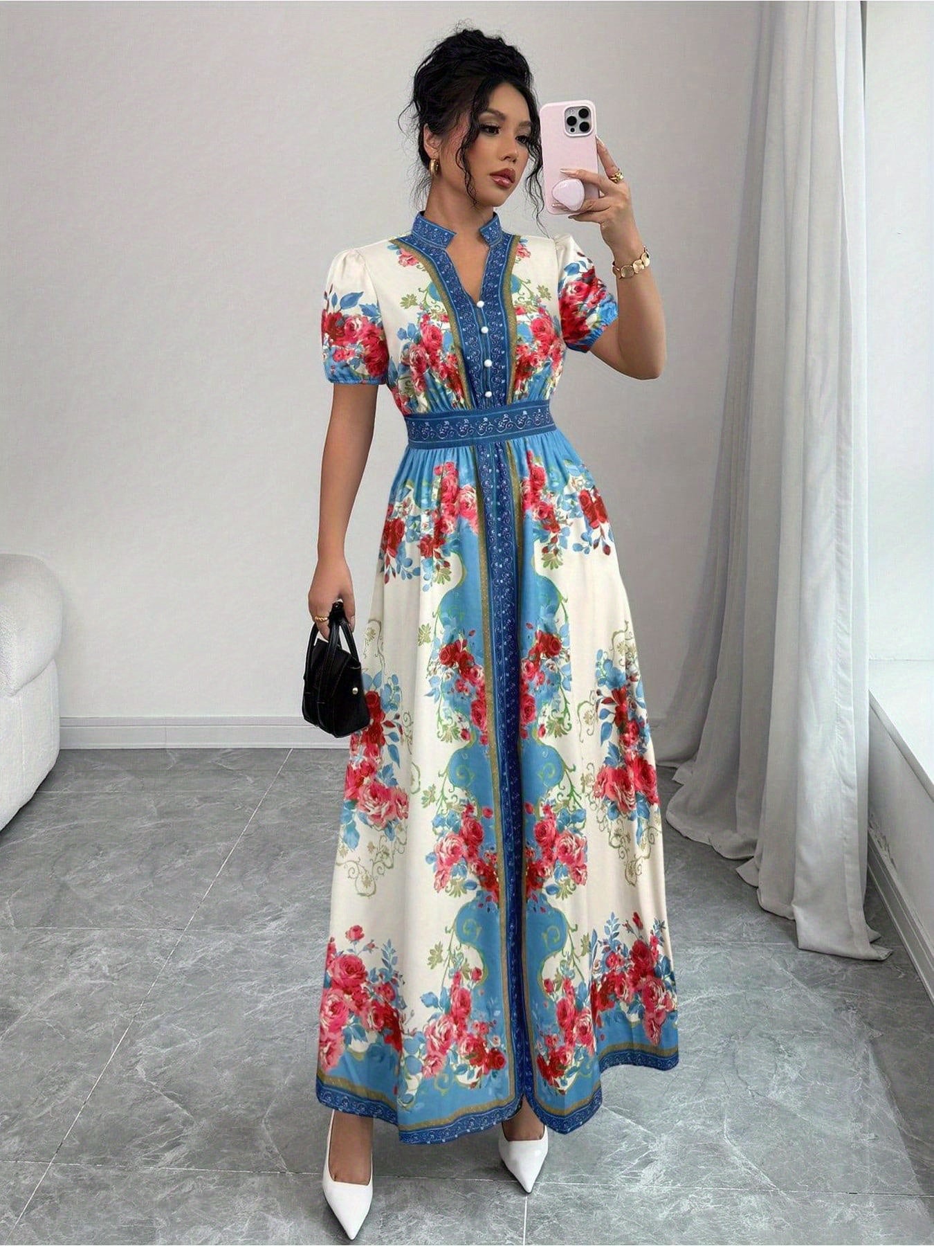 Women's Floral A-Line dress - flared hem party & Formal Dress with - Elegant Floral print in Blue/Red/White/, Machine Washable for Weddings, Garden Parties, Everyday Outfits - Non-Stretch Fabric, Wedding Guest Attire, Short Sleeve Design