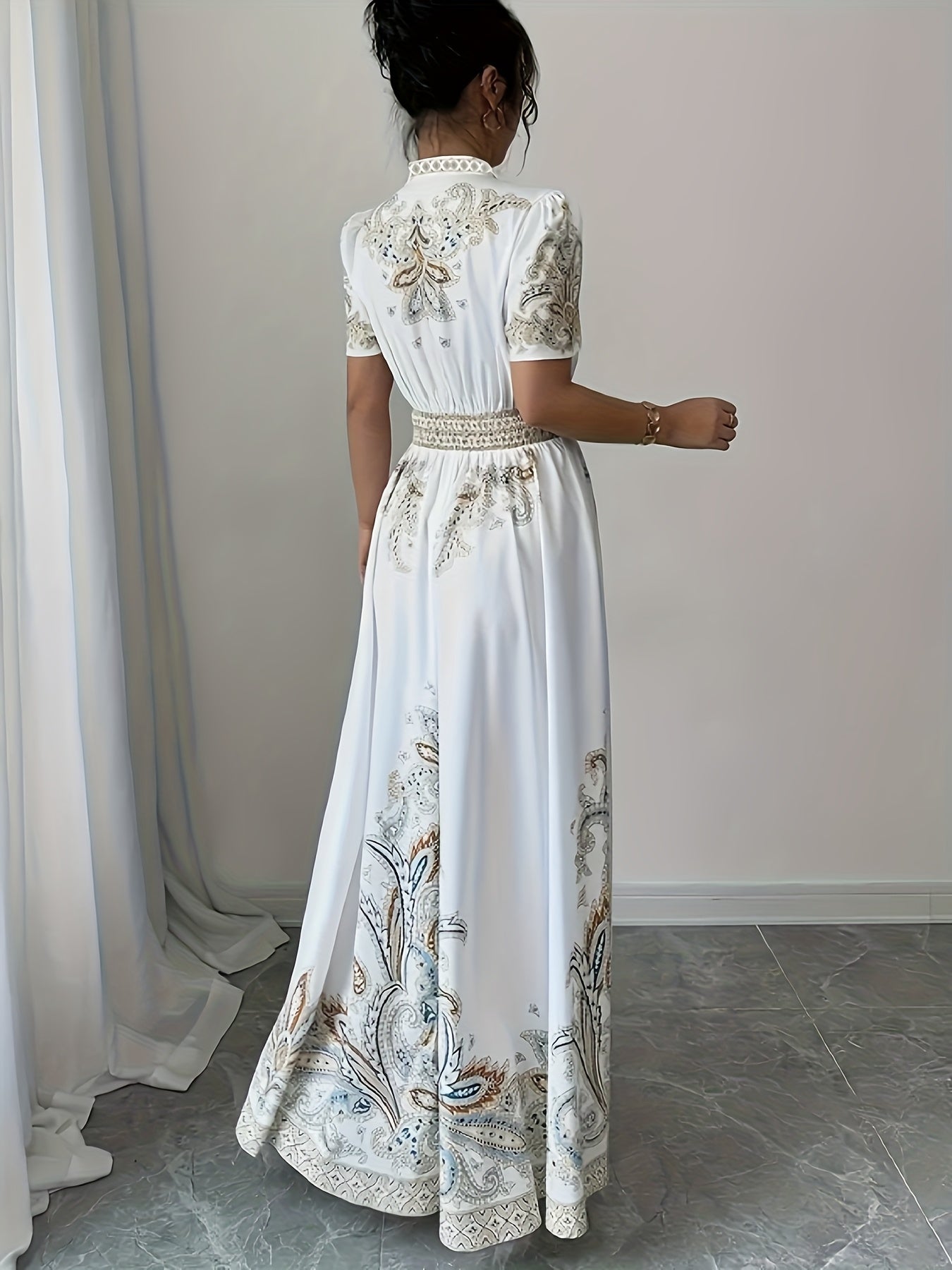 Elegant Bohemian V-Neck Maxi Dress with Intricate Floral Details - White, Short Sleeves, Cinched Waist, Flowy Skirt, Perfect for Spring/Summer, Adult Women'S Fashion, Bohemian Dress