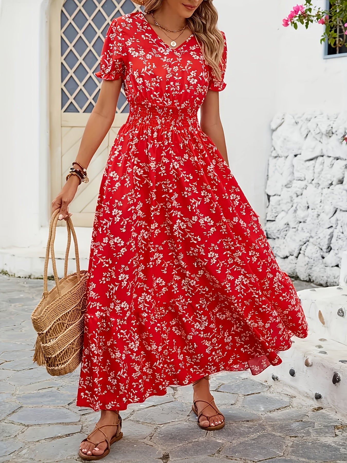 Women's Floral print long dress - Non-Stretchy A-Line party & Formal Outfit with Cinched Waist, Flared Hem - Machine Washable Red Floral Dress for Women (Spring/Fall/Summer) - Elegant Evening Gown for Weddings, Brunch, Office - Ready-to-Wear Collection,