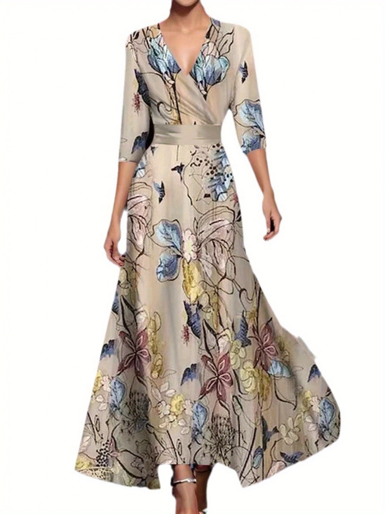 SCACTO 2025 Women'S Elegant Floral dress - Beige & Blue Floral print, A-Line flared hem, Formal to Casual Outfits - All-Season Chic Midi Dress for Office, Party, Wedding - Women'S Formal & Everyday Attire, Floral Print Dress, Office Attire, Sophisticated