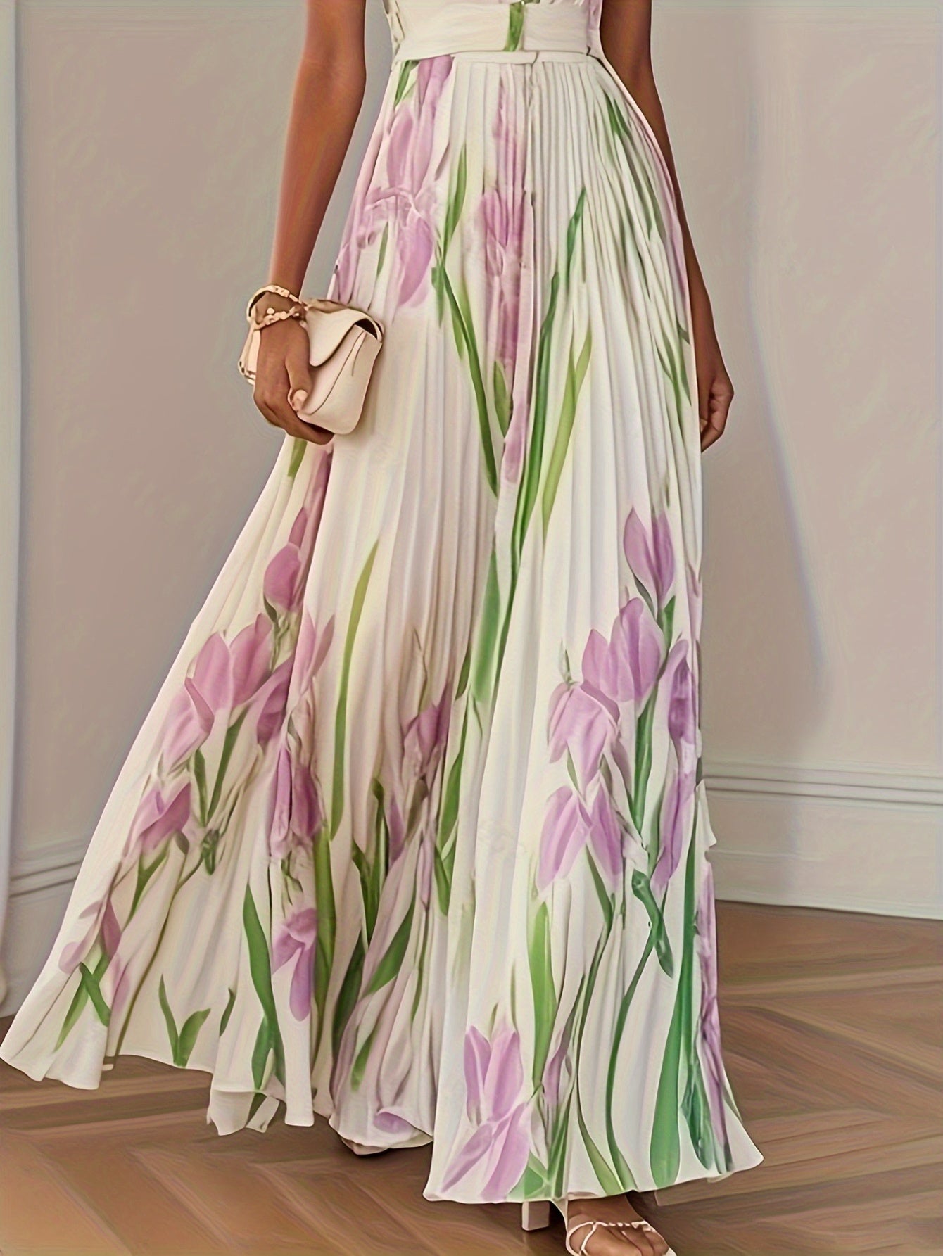 Women'S Elegant Floral Print A-Line Ball Gown - Long Formal dress with flared hem, Flowy party Wedding Gala Evening Gown in Soft Pastel Colors (Mint Green/Beige/Pink/White/ Lavender) - Formal Event Attire, Dresses for Wedding Guest, Summer Fashion,