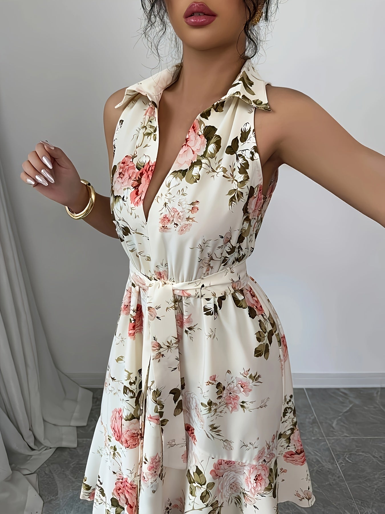 Elegant Floral Print V-Neck Dress for Women - Sleeveless, Tie-Waist, Lightweight Summer Dress with Lace-Up Detail, Perfect for Casual or Formal Occasions, Cute Dress