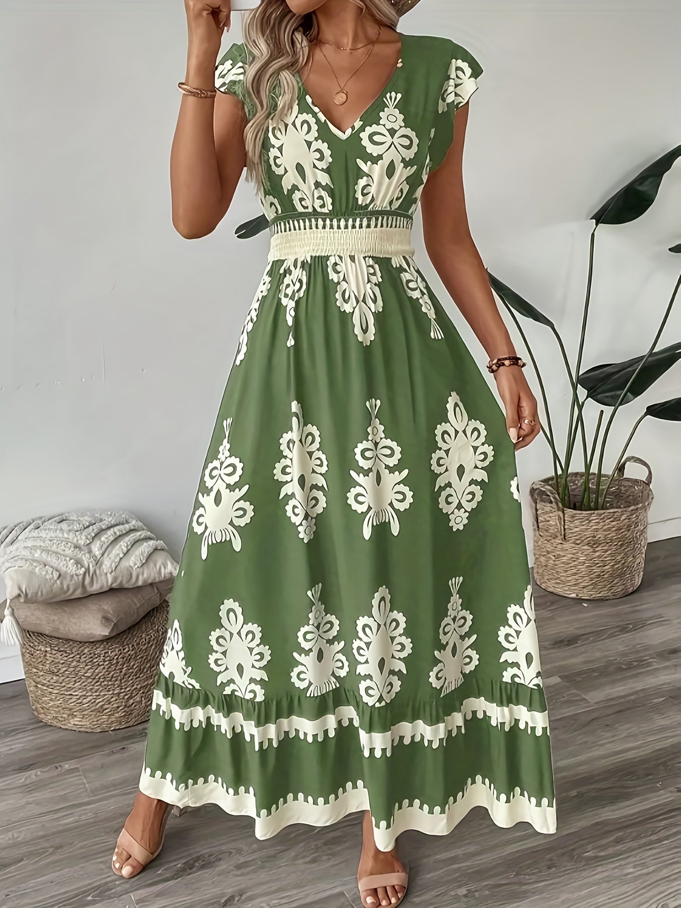Women's New Bohemian Long Dress, V-Neck Design, Elegant Commuting Style, Full-body Positioning Print, Comfortable Fabric, Suitable for Commuting And Dating, Local Warehouse, Women's Gift,, Suitable for Autumn