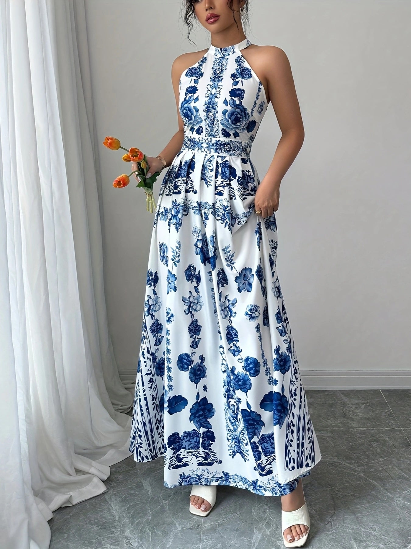 [Elegant Floral Dress] Blue & White Floral Print A-Line Summer Dress | Women's Elegant Sleeveless Dress | Machine Washable Polyester, Regular Fit for Casual & Festive Occasions