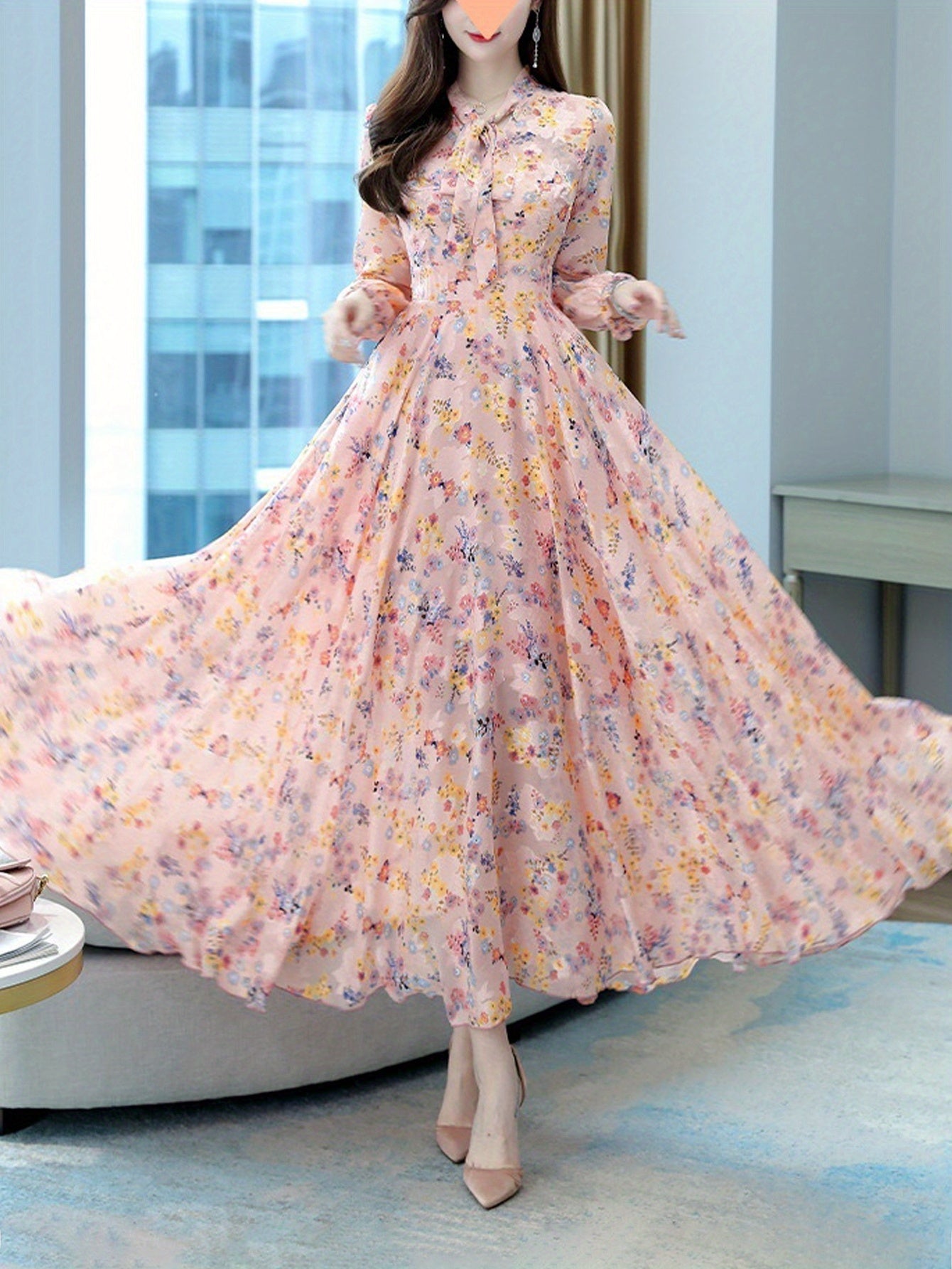 Bowknot V-neck Floral Chiffon Dress Fashionable And Casual Long-sleeved Waist Wide Hem Bohemian Cuckoo Style Printed Long Skirt
