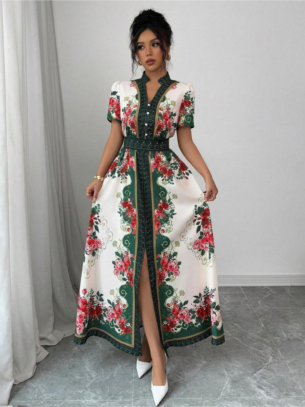 Women's Floral A-Line dress - flared hem party & Formal Dress with - Elegant Floral print in Blue/Red/White/, Machine Washable for Weddings, Garden Parties, Everyday Outfits - Non-Stretch Fabric, Wedding Guest Attire, Short Sleeve Design