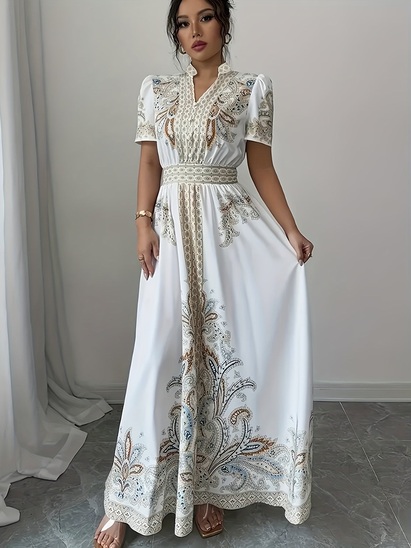 Elegant Bohemian V-Neck Maxi Dress with Intricate Floral Details - White, Short Sleeves, Cinched Waist, Flowy Skirt, Perfect for Spring/Summer, Adult Women'S Fashion, Bohemian Dress