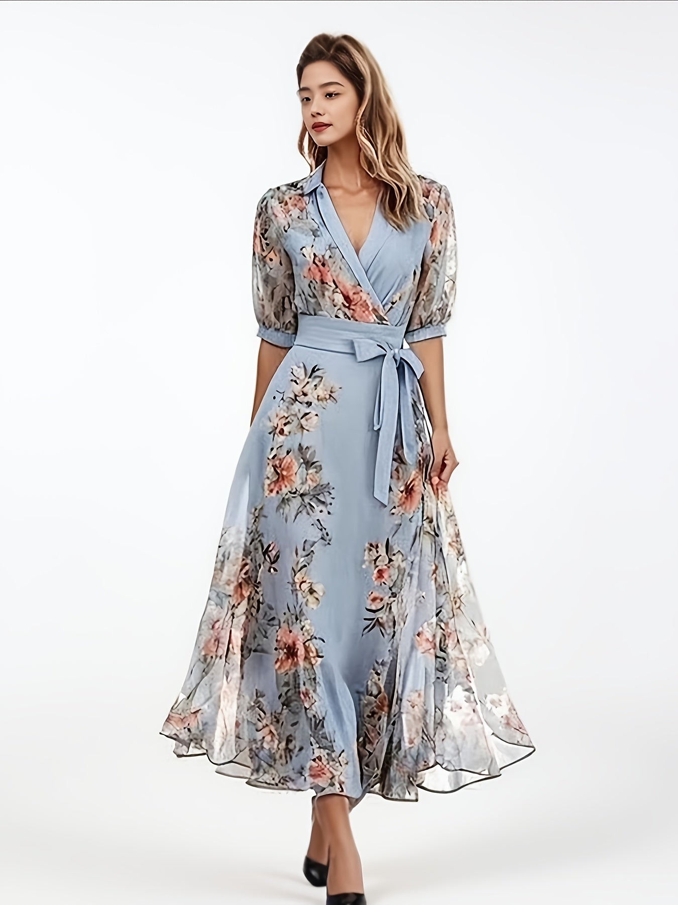 Women's Elegant Floral - Maxi Dress with V-Neck, A-Line Silhouette, Machine Washable for Wedding, Party, Everyday Outfits - Spring/Summer/Fall Clothing, Spring Fashion, Feminine Design, Comfortable Fit, Bow Detail, Casual Wear