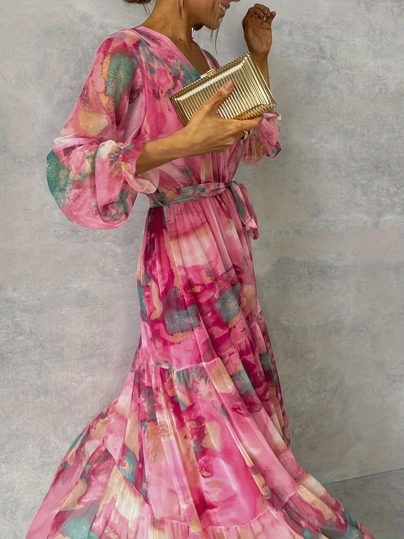 Women's Elegant Floral print maxi dress - A-Line formal & casual gown Pink/, Machine Washable non-stretchy fabric for Parties, Office, Casual Attire - All-Season Women's Clothing, Office Attire, Graceful Silhouette, Quality Stitching, Vneckline Dress,