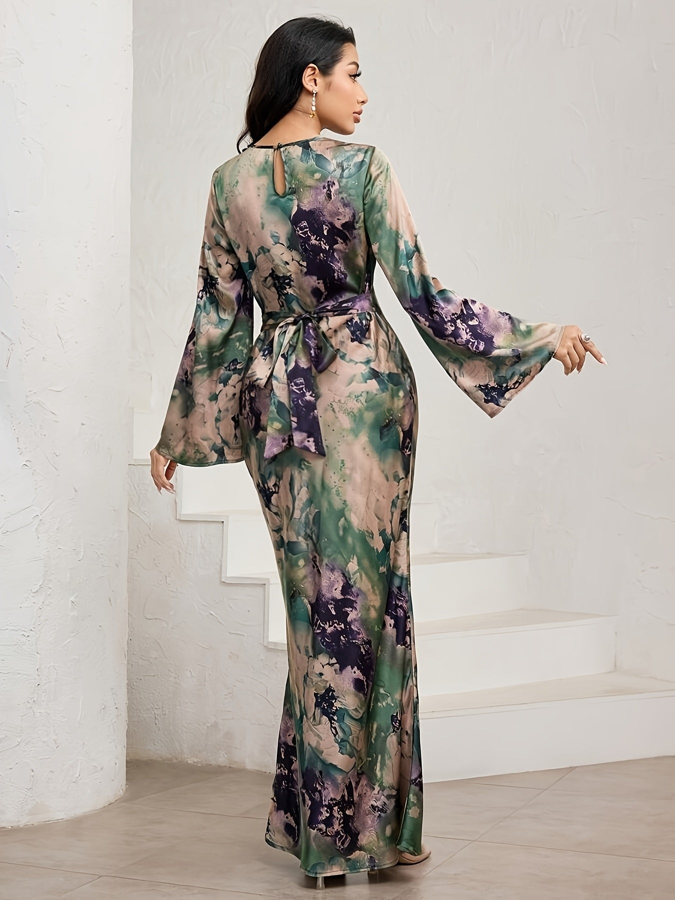 Women'S Elegant Tie-Dye Green Floral Print Maxi Dress with Long Sleeves & Back Belt - Stretchy Polyester-Spandex Blend, Perfect for Casual or Formal Occasions, Formal Evening Wear | Floral Print Dress | Polyester Blend
