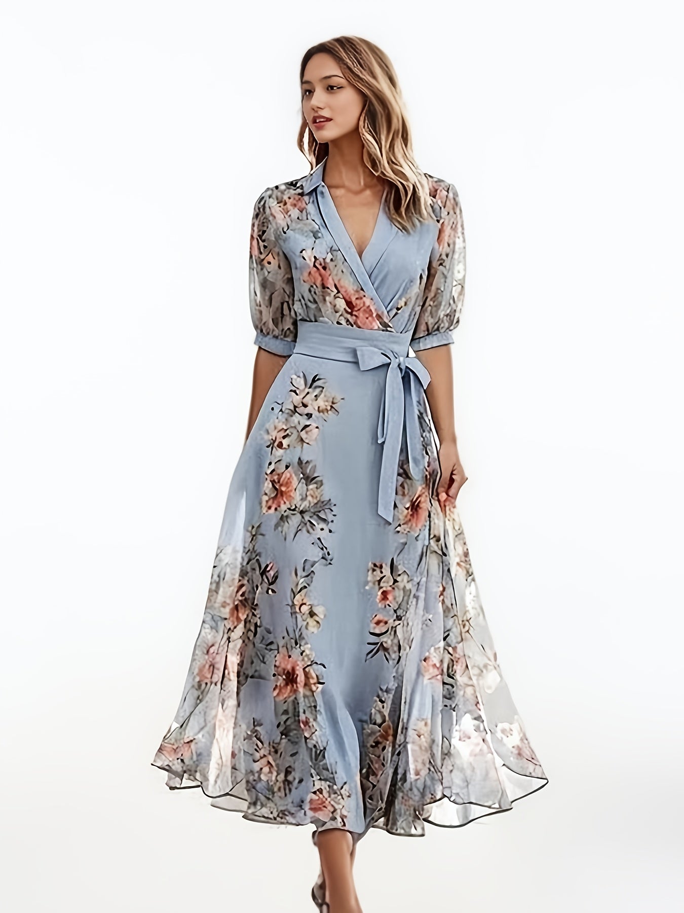 Women's Elegant Floral - Maxi Dress with V-Neck, A-Line Silhouette, Machine Washable for Wedding, Party, Everyday Outfits - Spring/Summer/Fall Clothing, Spring Fashion, Feminine Design, Comfortable Fit, Bow Detail, Casual Wear