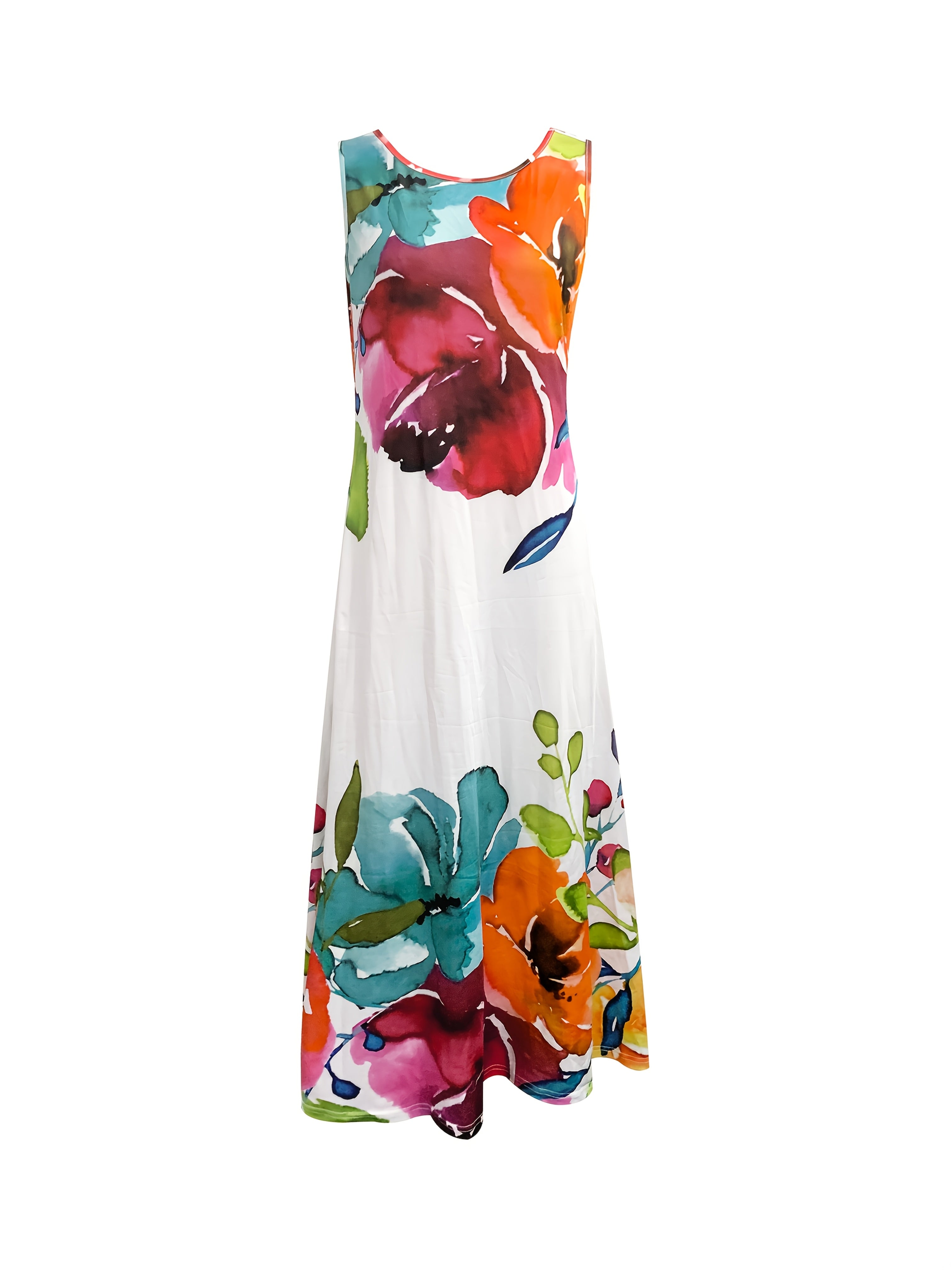 [Vibrant Maxi Dress] Vibrant Orange Floral Maxi Dress for Women | Sleeveless, Round Neck, Lightweight Polyester Fabric, Casual Spring/Summer/Fall Wear