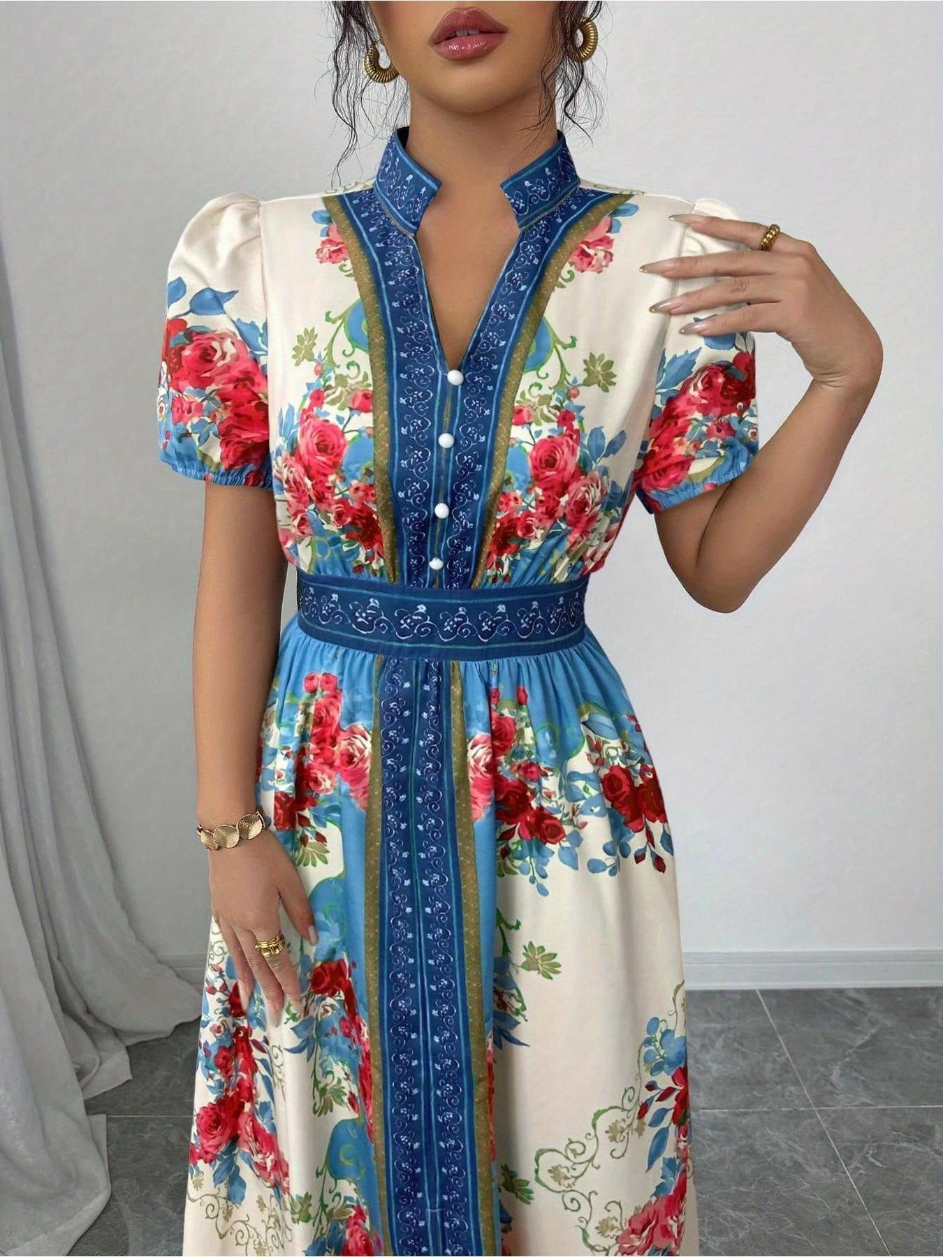 Women's Floral A-Line dress - flared hem party & Formal Dress with - Elegant Floral print in Blue/Red/White/, Machine Washable for Weddings, Garden Parties, Everyday Outfits - Non-Stretch Fabric, Wedding Guest Attire, Short Sleeve Design
