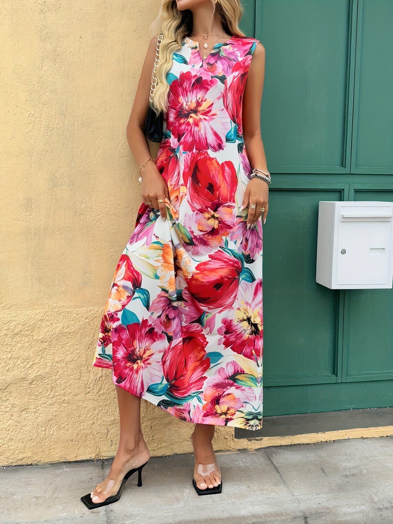 Home Holiday Leisure Flower Printed Round Neck Notched Sleeveless Tank Top Skirt Fashion Women'S Dress