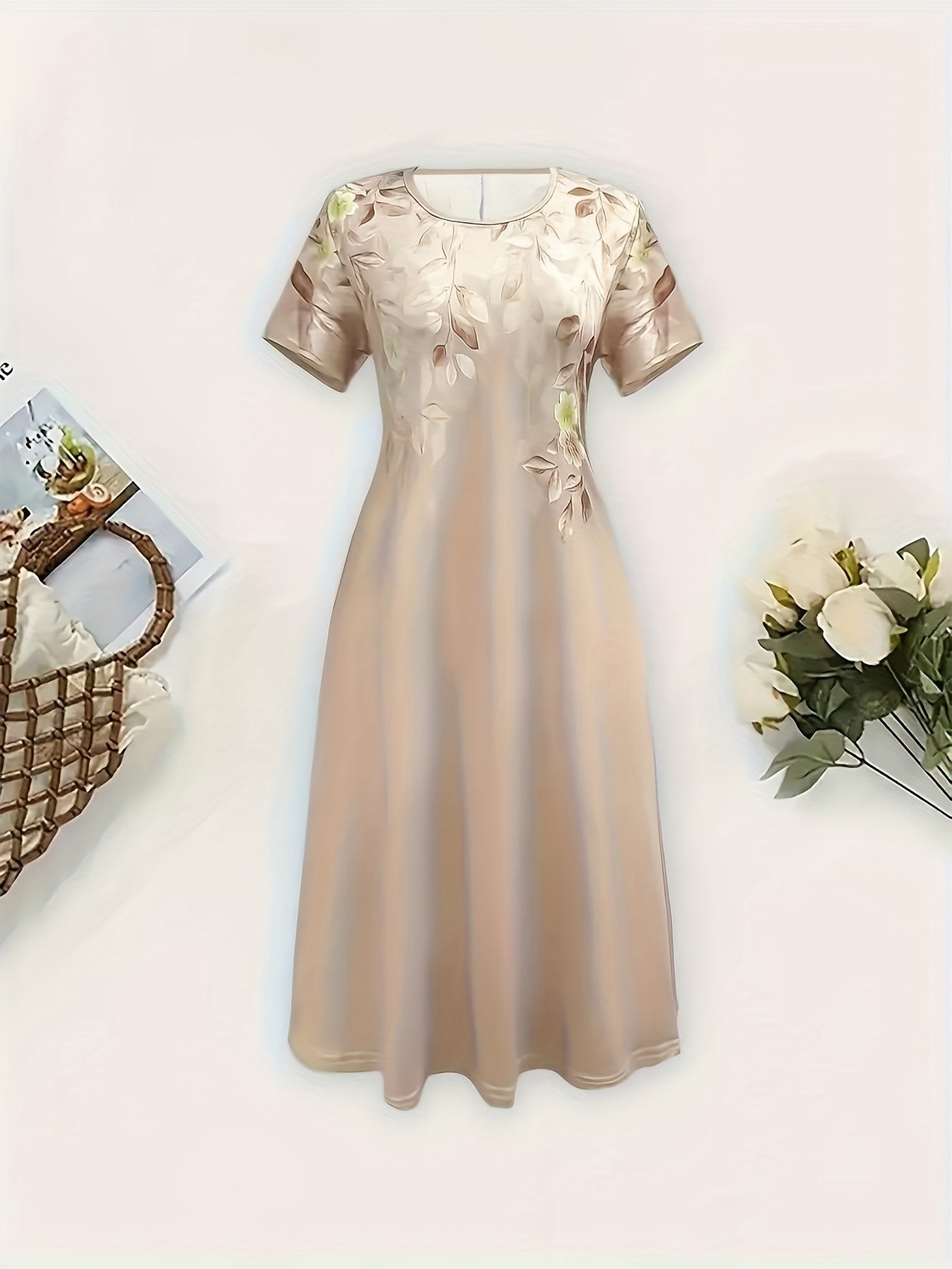 Women's Elegant Floral Print A-Line Midi Dress - Short Sleeve, Round Neck, Lightweight Polyester, Perfect for Spring/Summer Vacations, Beachwear Ready, Beach Dress, Attractive Skirts for Women, Summer Clothing Promotion for Ladies, Cute Summer Dress,