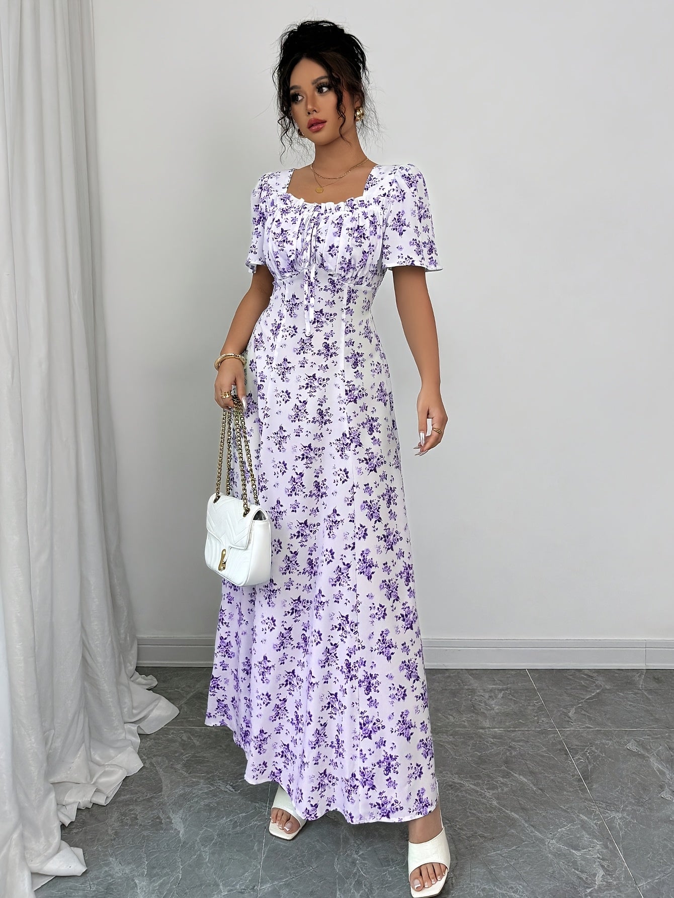 Women's Elegant Floral max Dress - Lavender Floral print in Purple & Lilac, Non-Stretchy A-Line Formal & casual event gown for Wedding, Party, Everyday Outfits - Spring/Summer/Fall Clothing, Floral Print Dress, Summer Fashion, Princess Sleeves