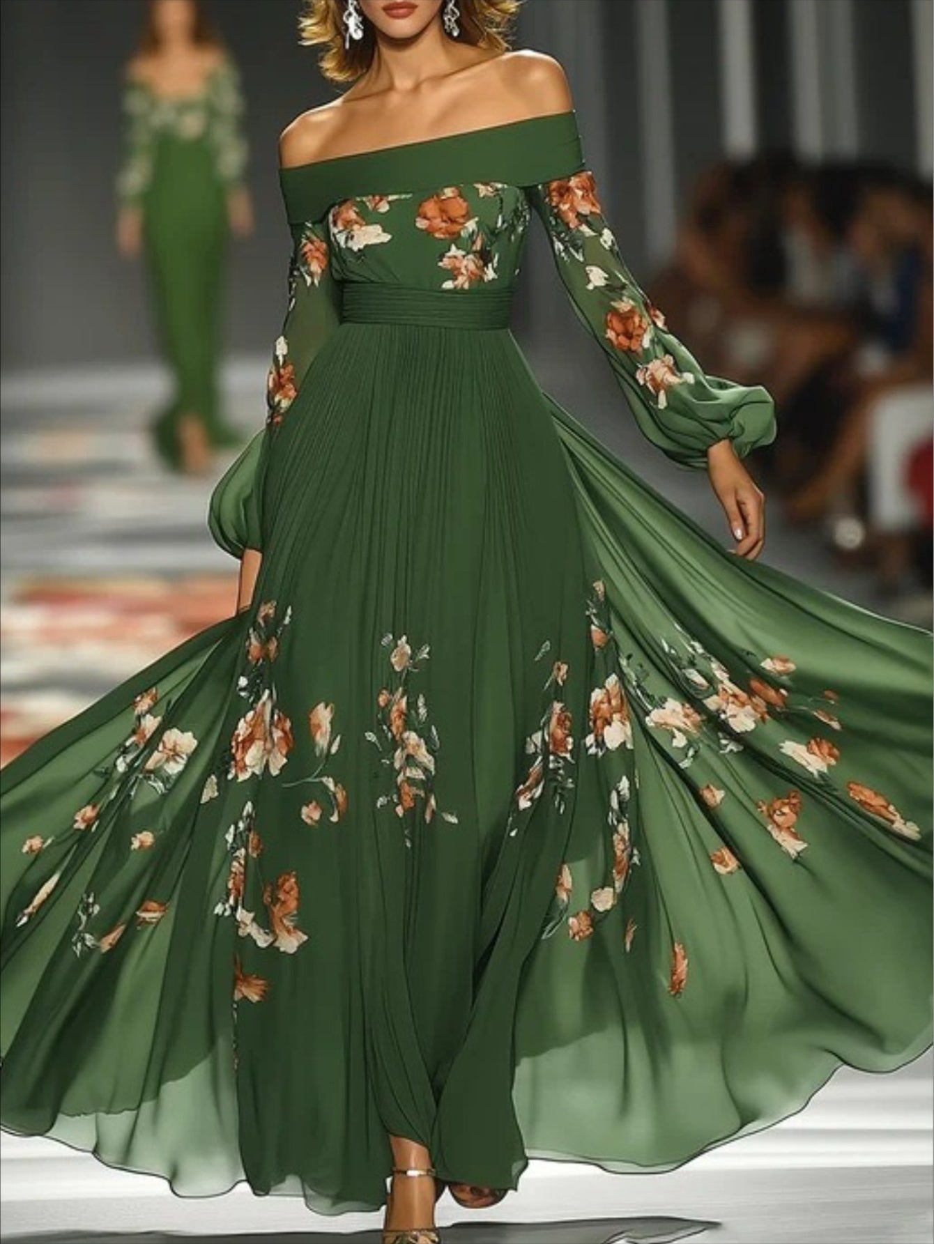 Elegant Off-Shoulder Green Floral Maxi Dress with Lantern Sleeves - Flowing A-Line Silhouette, Cinched Waist, Perfect for Formal Events, Formal Evening Wear | Offshoulder Design | Cinched Waist Dress