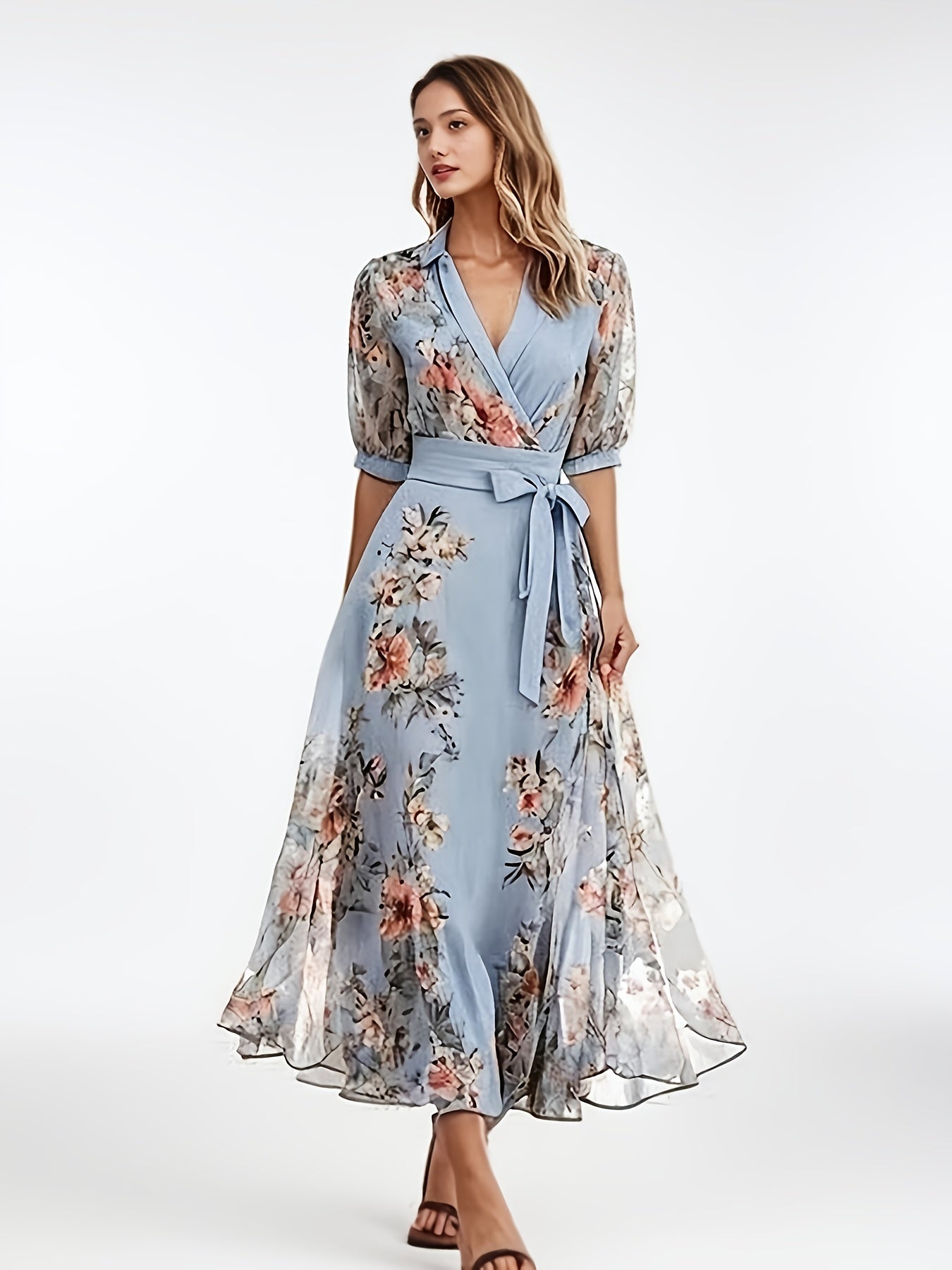 Women's Elegant Floral - Maxi Dress with V-Neck, A-Line Silhouette, Machine Washable for Wedding, Party, Everyday Outfits - Spring/Summer/Fall Clothing, Spring Fashion, Feminine Design, Comfortable Fit, Bow Detail, Casual Wear