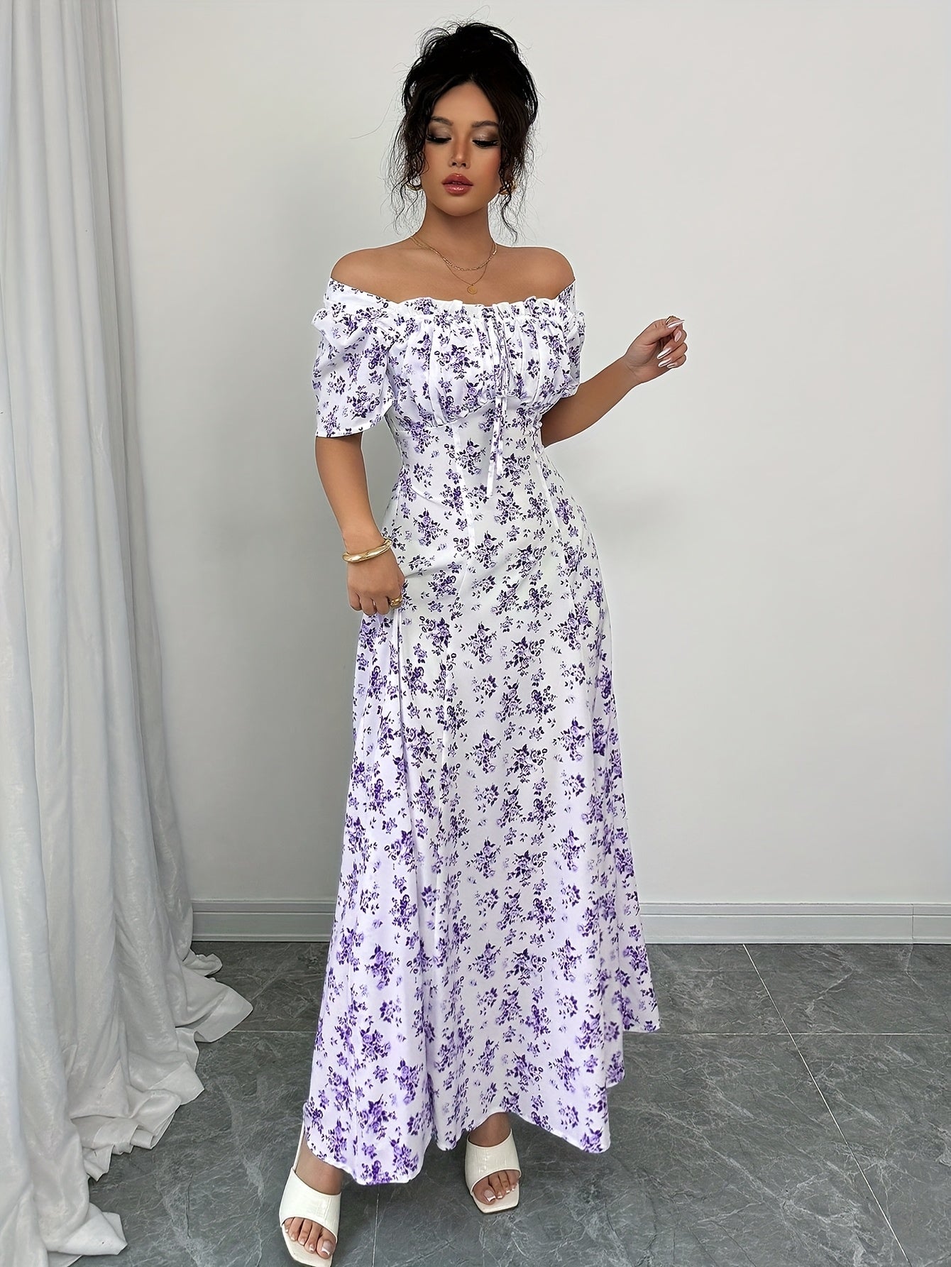 Women's Elegant Floral max Dress - Lavender Floral print in Purple & Lilac, Non-Stretchy A-Line Formal & casual event gown for Wedding, Party, Everyday Outfits - Spring/Summer/Fall Clothing, Floral Print Dress, Summer Fashion, Princess Sleeves