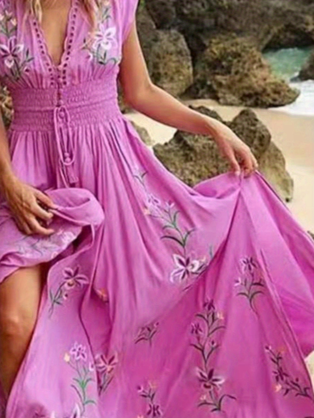 Women's Soft Pink Floral-like Bohemian Dress - Elegant V-Neck Beach Party Outfit, Machine Washable Flowy Casual to Formal Dress for Brunch, Everyday & Special Events