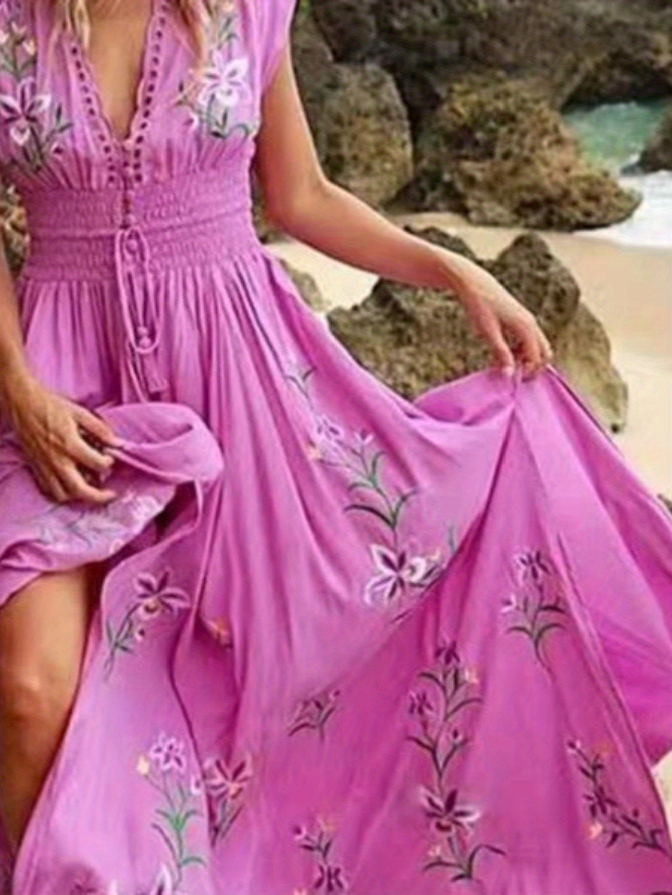 Women's Soft Pink Floral-like Bohemian Dress - Elegant V-Neck Beach Party Outfit, Machine Washable Flowy Casual to Formal Dress for Brunch, Everyday & Special Events