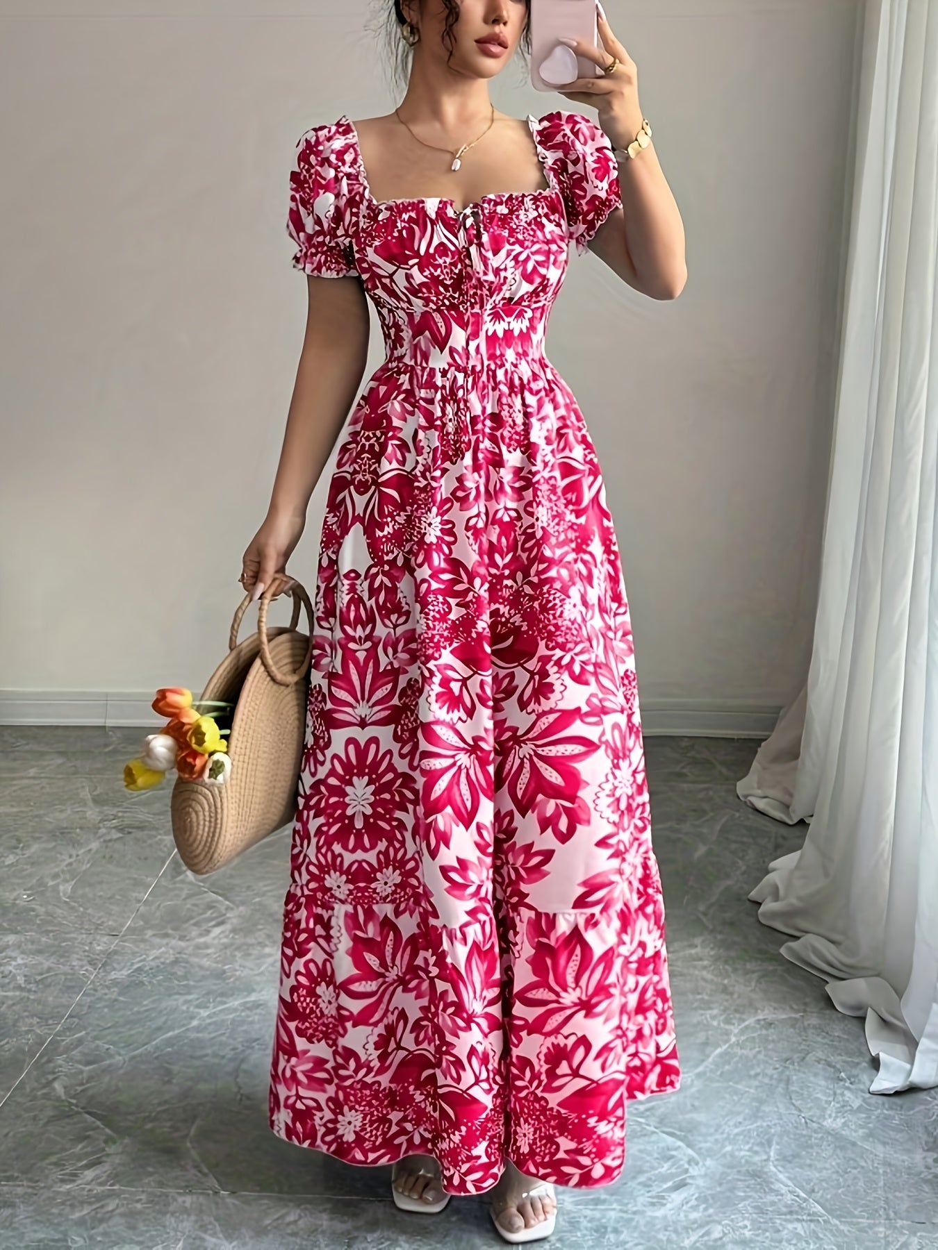 Women's Elegant Floral maxi dress - Floral print, Adjustable front tie waist, A-Line formal & casual Dresses for Parties, Beach, Everyday - Machine Washable Women's Evening gowns, Floral Print Dress, Summer Fashion, No Stretch Fabric
