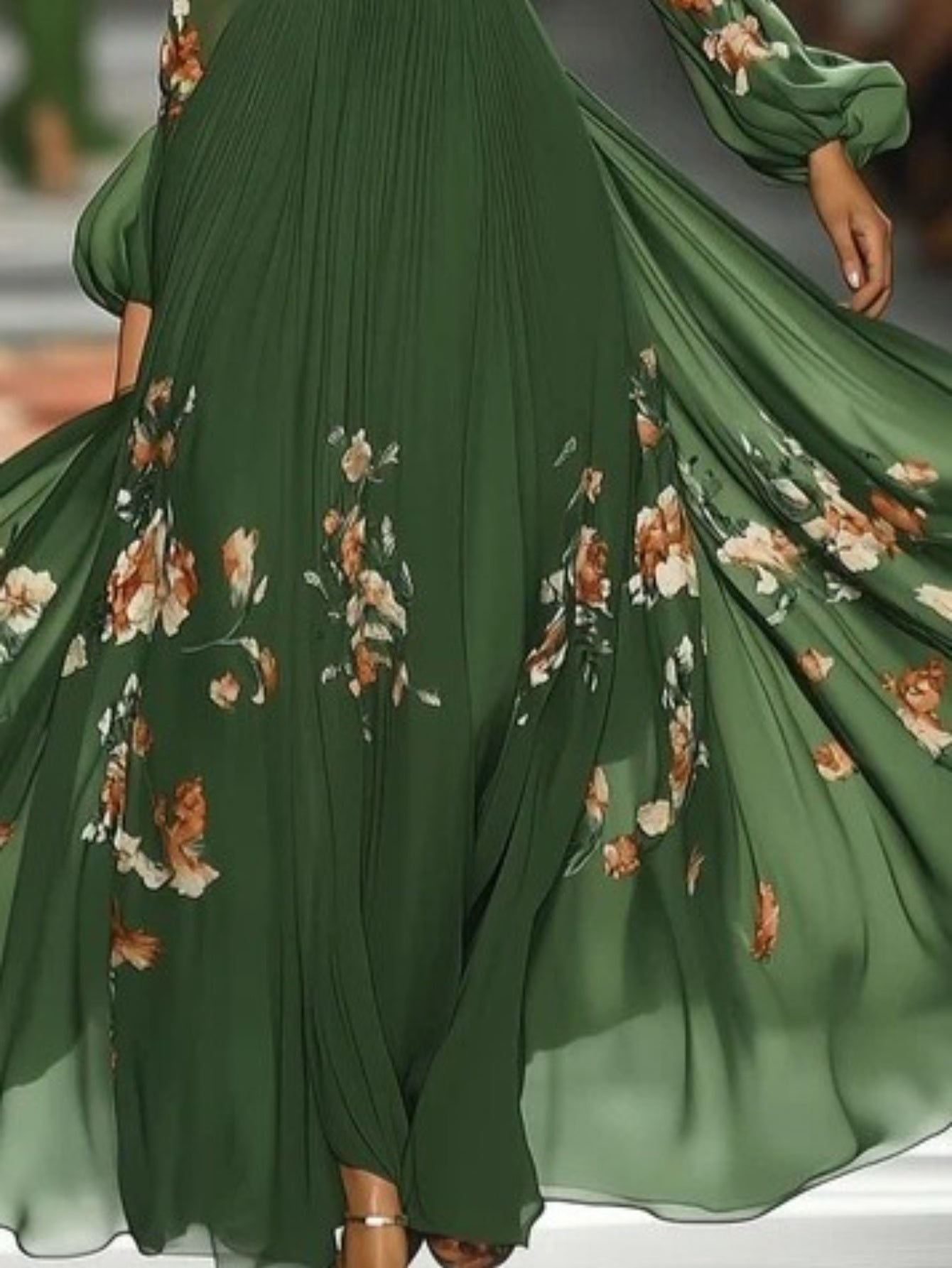 Elegant Off-Shoulder Green Floral Maxi Dress with Lantern Sleeves - Flowing A-Line Silhouette, Cinched Waist, Perfect for Formal Events, Formal Evening Wear | Offshoulder Design | Cinched Waist Dress